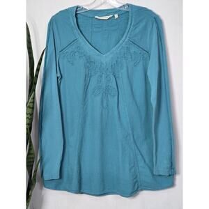 Soft Surroundings Tunic Medium Embroidered Long Sleeve Teal Blue Artsy Boho Top
